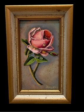 Vintage Miniature Rose with Dew Drops Painting in Frame